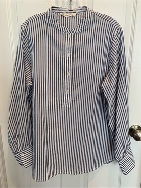 Everlane Navy and White Vertical Stripe Band-Collar Shirt 10